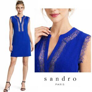 Sandro Paris Blue Lace Dress sleeveless size 2 medium V Neck Evening Chic